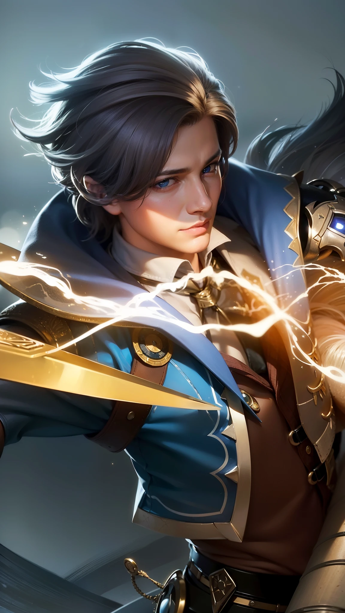 a close up of a boy holding a sword near a building, masterpiece, ((perfect eyes)) best quality, (semirealism:1.9), beautiful lighting, (extremely detailed CG unity 4k fhd wallpaper), High Detail, Sharp focus, dramatic outdoors, 1 boy ,19 years old, light blue eyes, 8k, ultra hd, ultra detailed texture, hyper realistic, masterpiece, detailed texture, detailed face, detailed skin, detailed lighting, (photorealistic:1.5), best quality, beautiful lighting, cinematic lighting, professional lighting, ultra highres, realistic, detailed hair, real hair, high quality, (realskin:1.5), extremely detailed, finely detail, ultra-detailed, glare, evil smile.