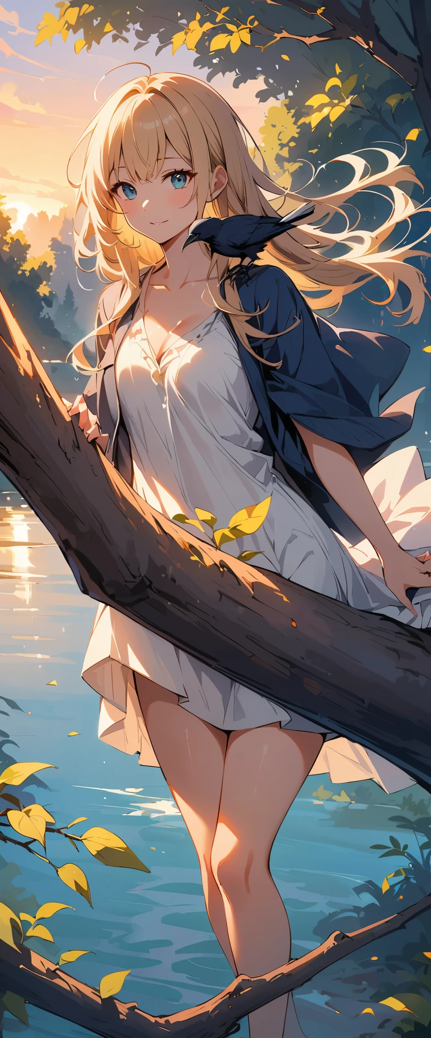 (highest quality、Super detailed)、forest、morning、foggy、Bright colors、unforgettably beautiful、mysterious light、Graceful branches、delicate leaves、quiet atmosphere、graceful、graceful生き物、black feather、sharp eyes、Intellectual gaze、Inquisitive nature, (Crow) Perched on a tree、(river flow)、(evening)