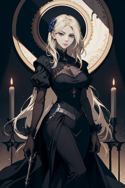 masterpiece, (absurdres:1.1), best quality, extremely delicate, (beautiful face:1.1), elegant, (great composition), bags under eyes,  (dark:1.1), arafed image of a woman black dress formal portrait of female inspired by Li Chevalier, portrait knight female, gorgeous female paladin, Victorian era black dress formal girl, crisp clear rpg portrait, female paladin, highly detailed exquisite fanart, female black dress funerals , elisha cuthbert as a d&d paladin, dressed in black blonde blue eye long length hair NOT SHOWING SKIN