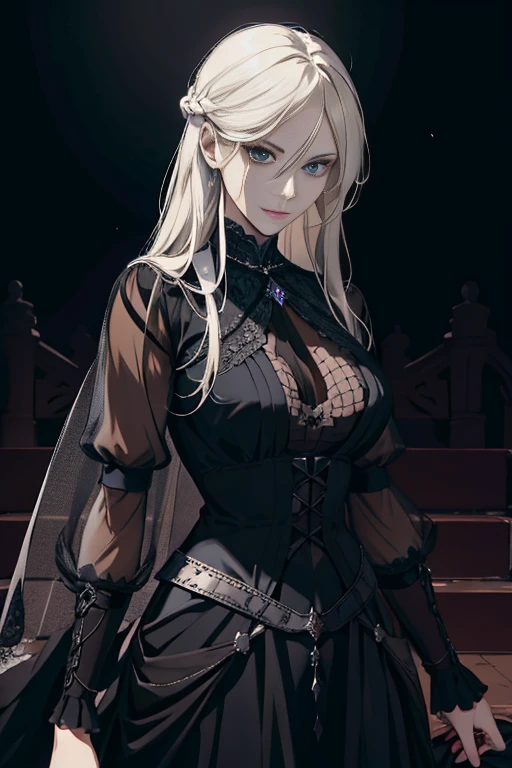 masterpiece, (absurdres:1.1), best quality, extremely delicate, (beautiful face:1.1), elegant, (great composition), bags under eyes,  (dark:1.1), arafed image of a woman black dress formal portrait of female inspired by Li Chevalier, portrait knight female, gorgeous female paladin, Victorian era black dress formal girl, crisp clear rpg portrait, female paladin, highly detailed exquisite fanart, female black dress funerals , elisha cuthbert as a d&d paladin, dressed in black blonde blue eye long length hair NOT SHOWING SKIN