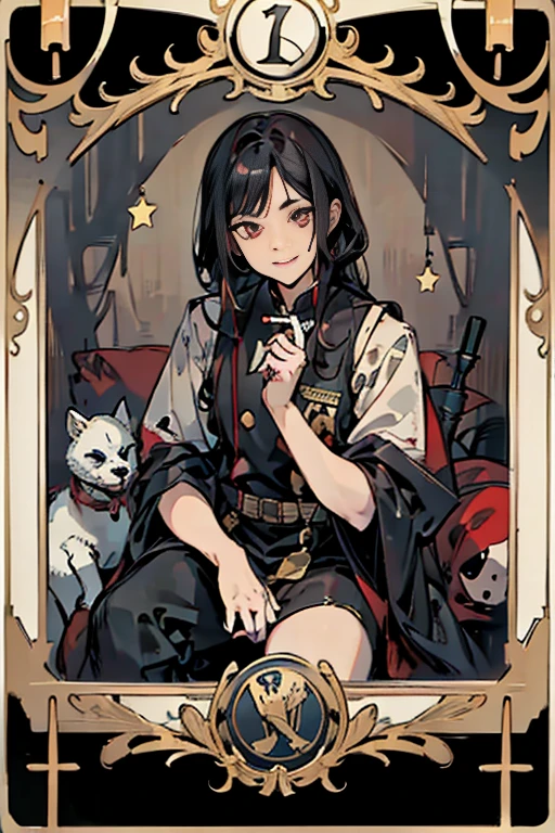 highest quality,masterpiece,((tarot cards,(Horror taste)、Art Deco Frame)),7:tank、黒と白のスフィンクスに曳かれたtankに、Young and Brave々The new prince is on board。Stars shining overhead々teeth、It represents his inspiration and intuition.。uniform