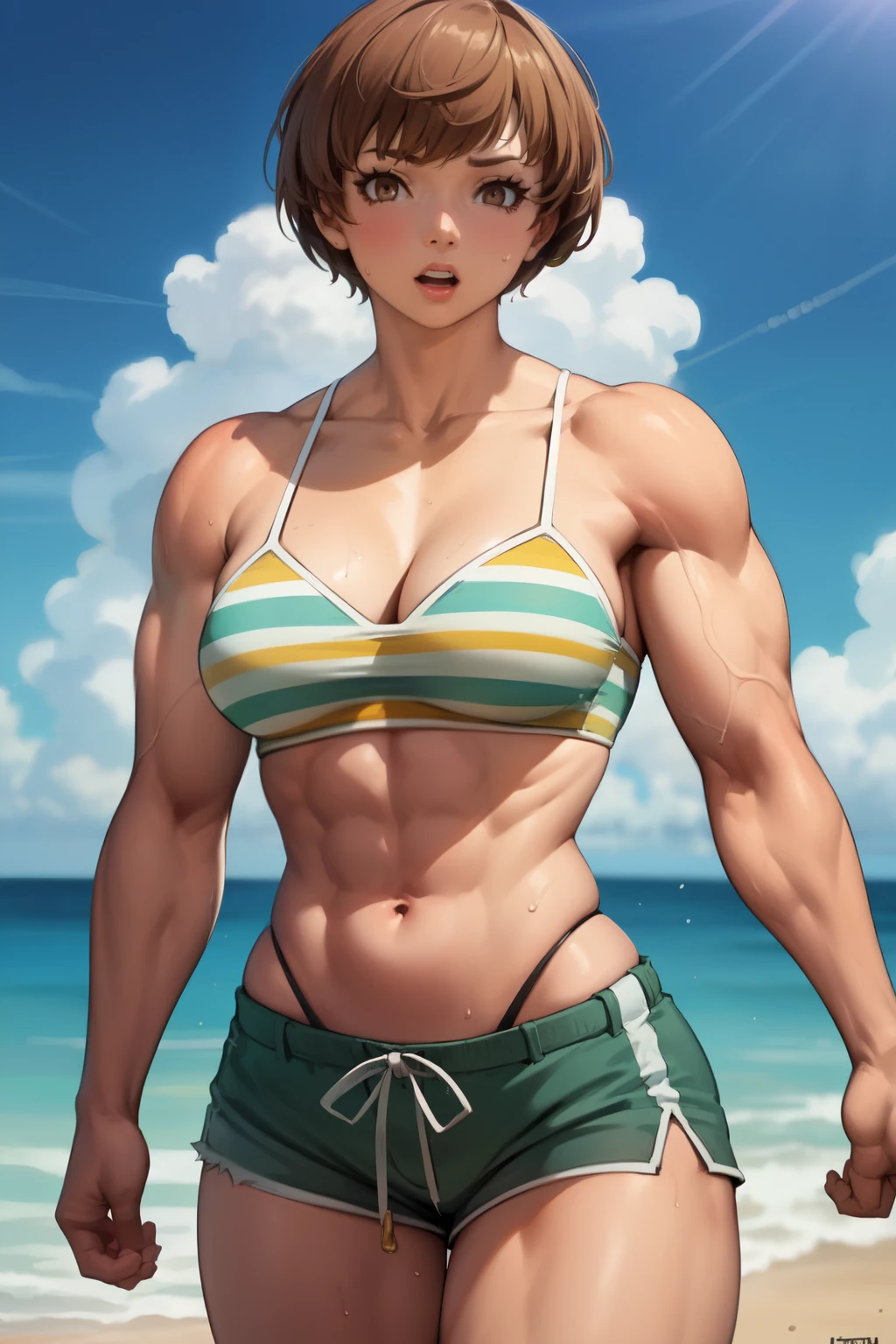 Woman in black bikini and small man in white shirt, weak and small man, thin and small physique, Very beauthful. , ,weak and defenseless man, small physique, , muscular ultraviolent woman, muscular and scary, absurdly huge physique, big muscles, extremely muscular woman,