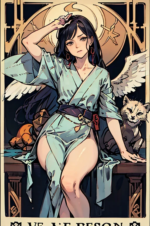 highest quality,masterpiece,((tarot cards,Art Deco Frame)),8:force、A woman dressed in pure white、凶暴な獅子の口をforceで閉ざそうとしています。The lion represents human instincts.、Women represent reason。Angel