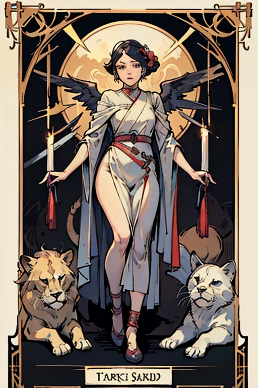 highest quality,masterpiece,((tarot cards,Art Deco Frame)),８：force、A woman dressed in pure white、凶暴な獅子の口をforceで閉ざそうとしています。The lion represents human instincts.、Women represent reason。Angel
