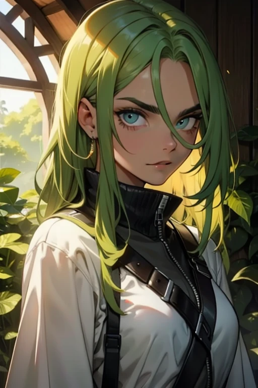 cara, cabelo longo cobre, olhos de cor verde