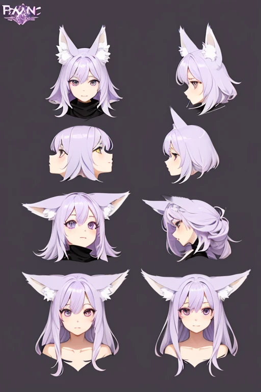 character design sheet,Light purple hair and eyes, individual,cute,With fox ears,witch,facial details,plain view,whole body,