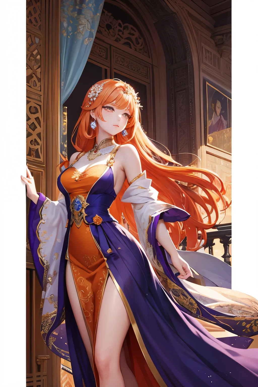 Title: "Orange Blossom Princess on the Palatial Balcony - A Masterpiece in the Style of Makato Shinkai"

Amidst the vibrant hues of a digital sunset, a gorgeous woman with a cascade of orange hair adorned in an intricately floral-patterned purple dress stands on the highly detailed palatial balcony. Her dress, with its graceful curves and delicate patterns, harmoniously blends with the serene atmosphere of the twilight scenery. Her alluring beauty is a testament to the unparalleled craftsmanship of this artwork.

The masterpiece unfolds as the woman raises her hand,