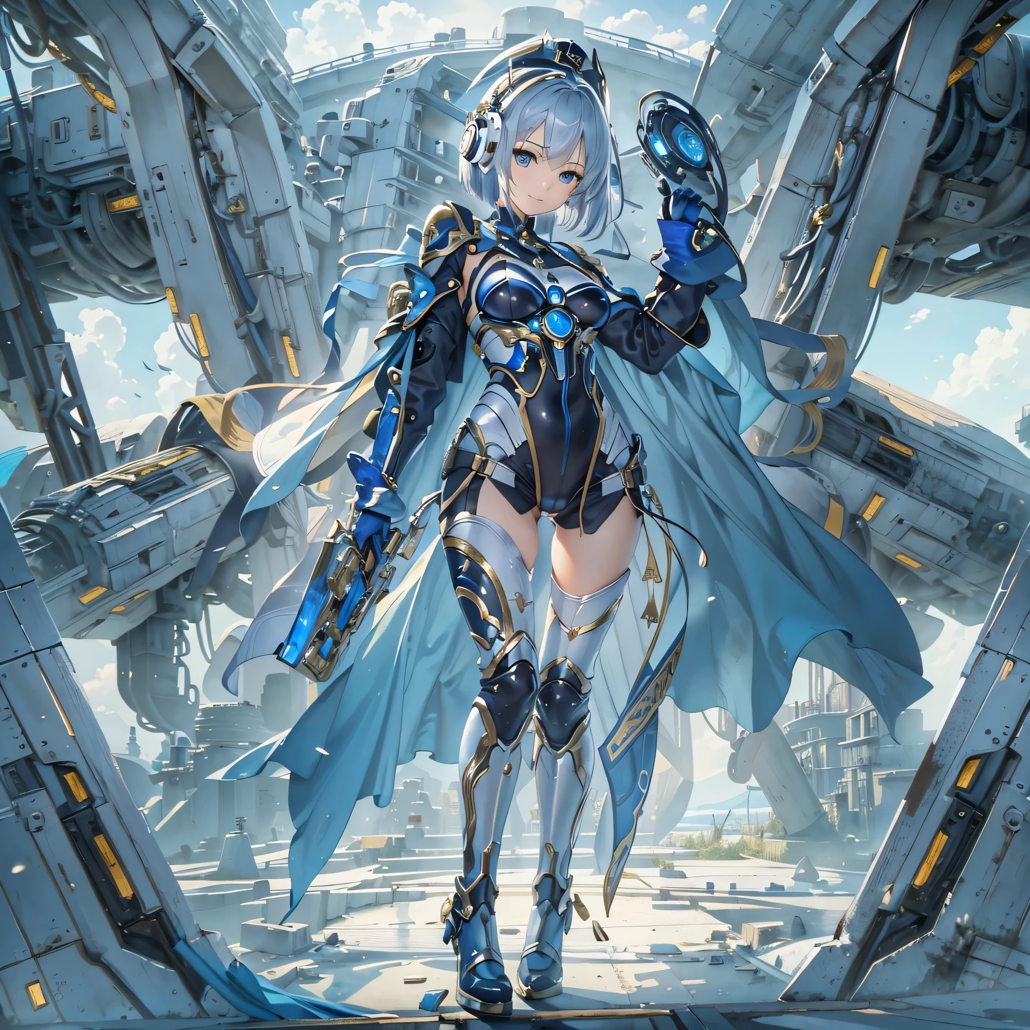 (masterpiece、highest quality、highest resolution、clear_image、detailed details、Angle from above): (full body figure、One 20 year old girl、Japanese faces、small face、Slender、Navy blue super short bob cut hair、(hidden small breasts:1.3)、sparkling blue eyes、Shiny pilot suit in blue and black colors、armor that protects the chest、tight fitting clothes、clothes that cover the whole body、shiny clothes、tight fit pants、hide the skin、very delicate and beautiful、detailed skin、hide thighs、Hide your ass、cute type、gentle smile、soft expression、heroine、headset、Knee-high boots、gloves up to the elbow、eye level shot、facing directly、woman on a spaceship)