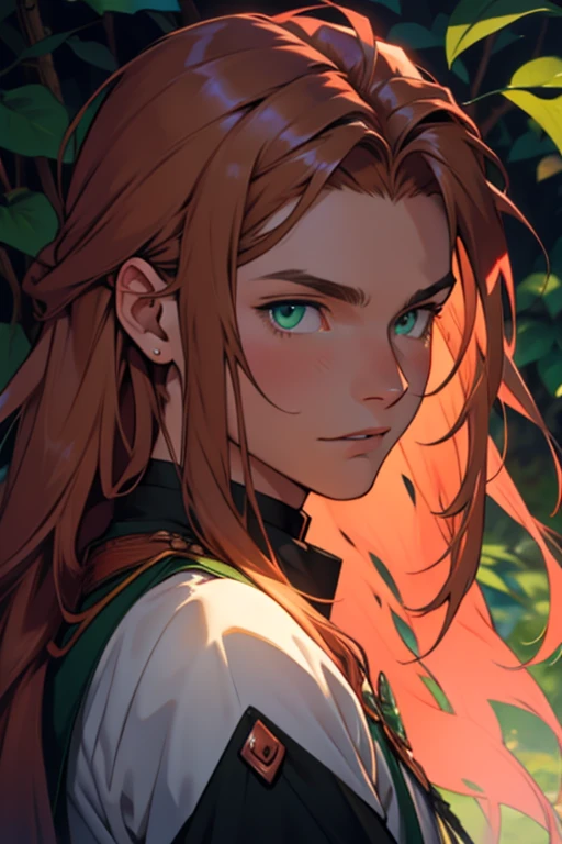 guy, copper long hair, green colored eyes