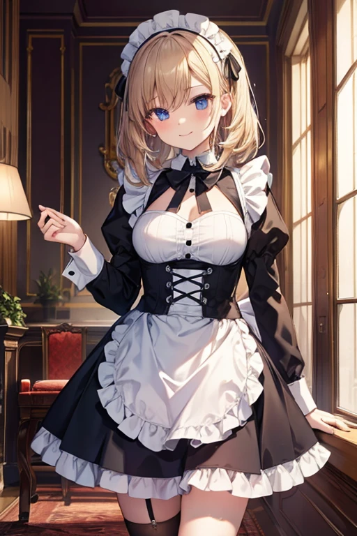 french maid, maid outfit, inside, house, living room, naughty smile, domineering smile, arrogant expression, cocky attitude, masterpiece, best quality