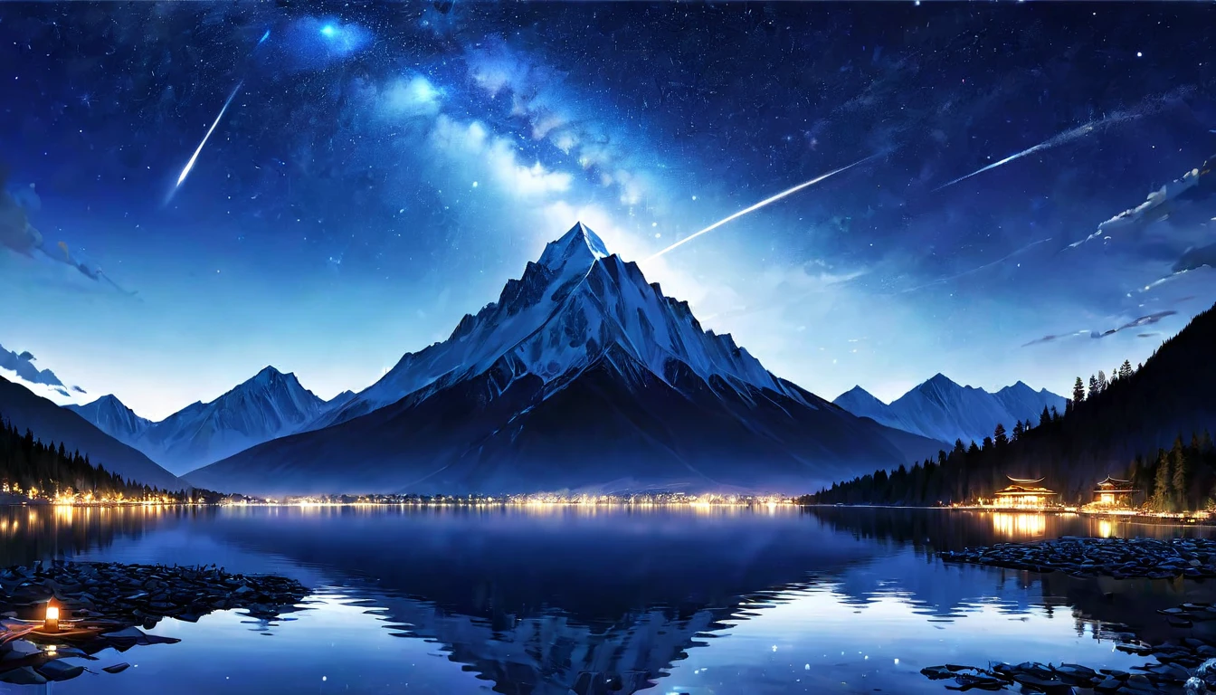 big lake、High altitude mountains、A harrowing sight、night、Beautiful shining staroon、