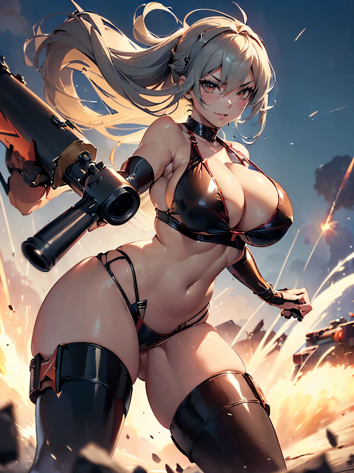 ((1 lady))、ultra-detailliert, Top image quality, digitial illustration, Seductive Anime Girl, Glossy realistic skin texture、Meticulously drawn hair, Meticulously drawn eye, Sharp Focus, Precise human body structure、Smooth texture、((Combative posing:1.5)), ((fighting stance))、((Holding a big Heavy artillery:1.6, armament:1.3))、((bazooka, gatling gun, rocket launcher))、((dynamism:1.3))、((dynamic angle:1.2))、((Hover effect:1.4)), ((Being in battle field:1.2))、seductive smile、((latex micro bikini:1.3 crop top:1.3))、((sleeveless))、((cleavage:1.3))、((crop top navel))、((highleg:1.3))、((huge breasts:1.3))、((huge hip:1.3))、((thick thighs))、curvy、((collarbone))、((cameltoe))