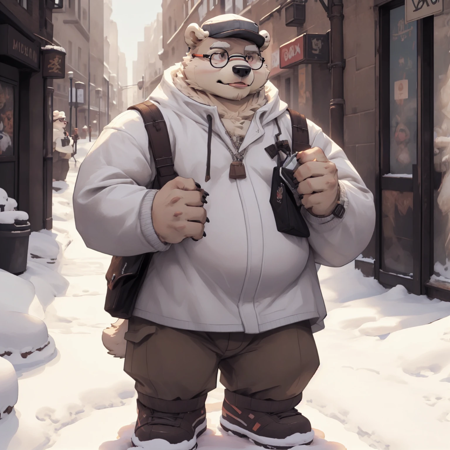 New Jersey 5 Hairy,polar bear，Full body portrait of an individual,exquisite， chubby，Fat，thick arms，Rugged muscles，Snow white plush fur，chubby脸，Handsome， casual wear,brown eyes, Fashionable glasses，hat，city street