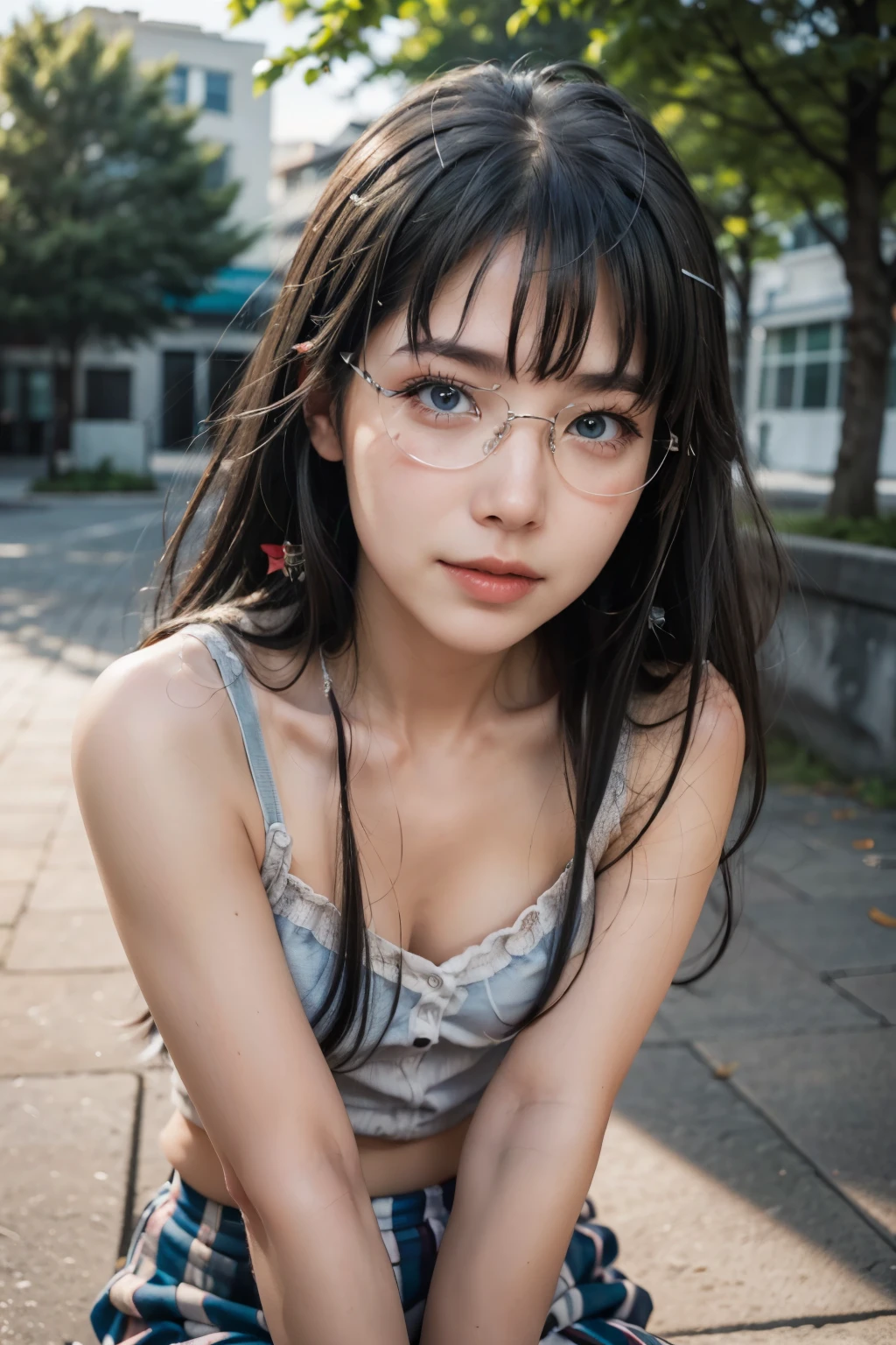 8k, masterpiece, RAW Photos, highest quality, Realistic, Highly detailed CG Unity 8k wallpaper, Written boundary depth, Cinematic Light, Ray Tracing，(Very beautiful face, Beautiful Lips, Beautiful Eyes), (dense beautiful skin) ,  One Girl, Very cute  Japanese girl,  1 girl, Always wears glasses、Skinny body、Small breasts、Very small breasts、(Very small, flat chest)、(55cm AAA cup bust)、Small Ass、Black lace dress、Aokigahara Forest、Deep in the forest、The cutest and sexiest random poses、Full body portrait