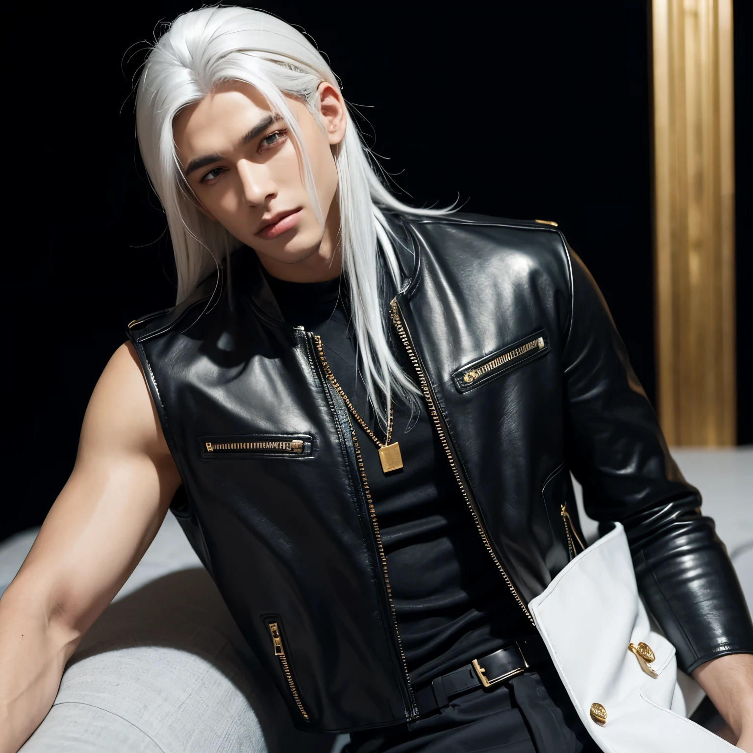 black leather，Gold grain，boys，white hair