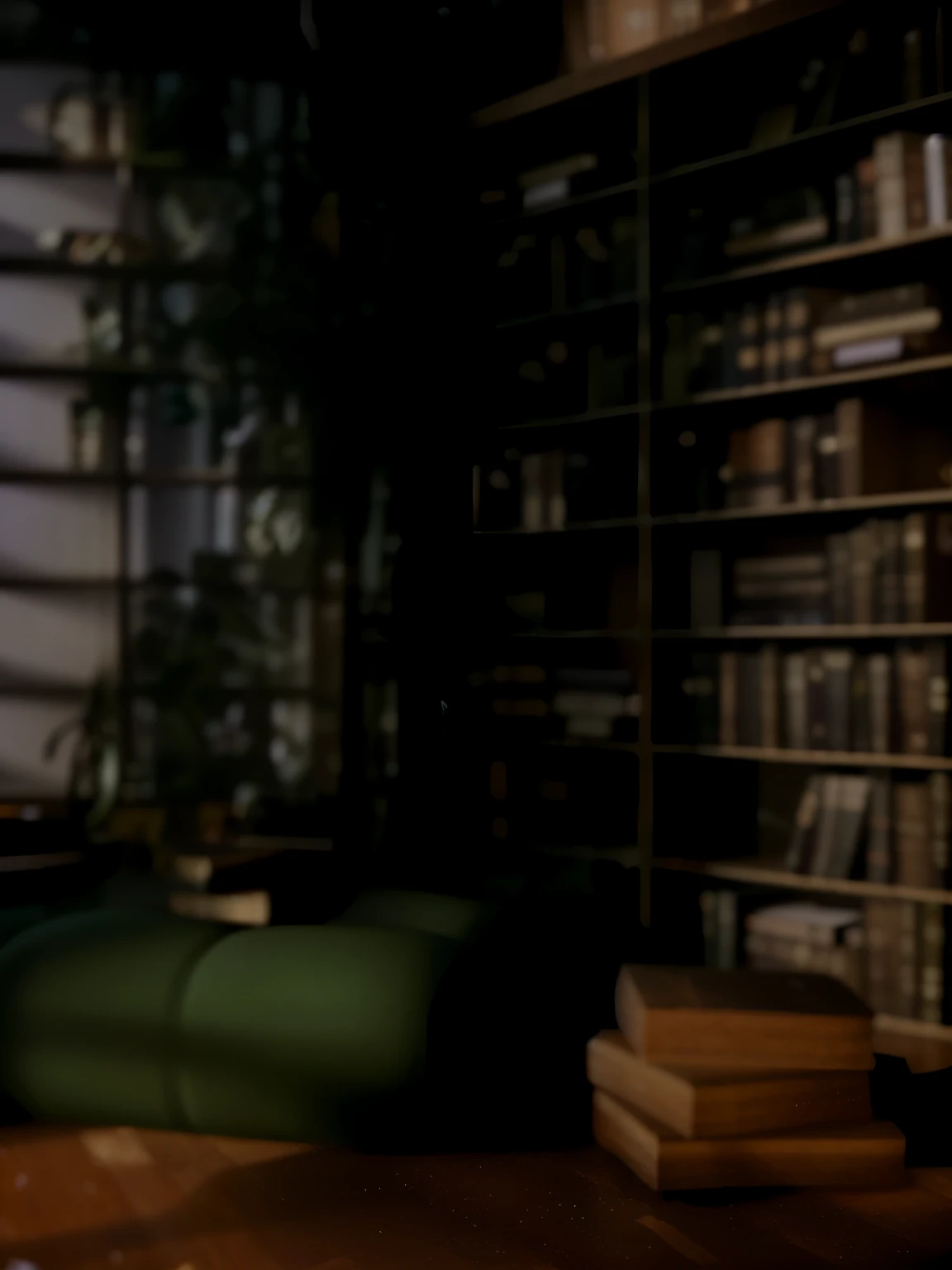 There is a cat sitting on a chair in the room, alchemist library background, library background, tilt shift library background, blurry background of the library, library interior background, gloomy library, dusty library, personal room background, magical library bokeh, in a gloomy library, some background blur, Realistic cinematic rendering, dark library, Detailed architectural visualization renderings, background = library