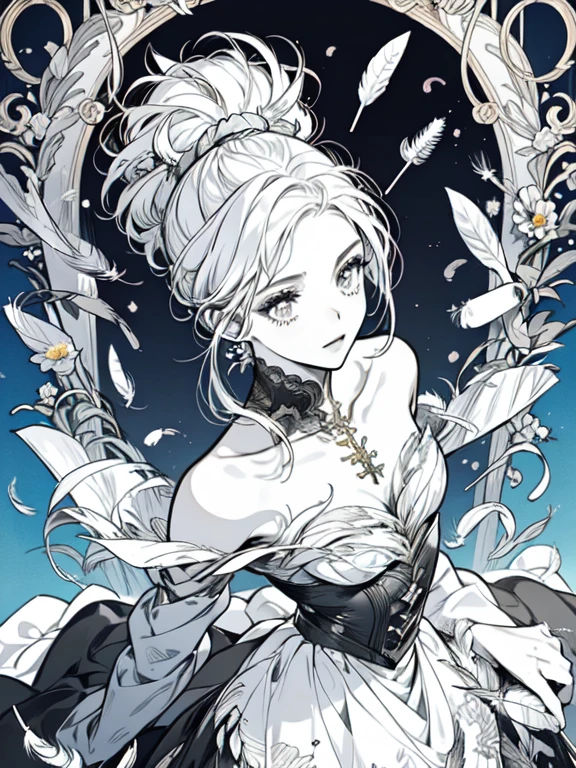 (masterpiece, top quality, best quality, official art, beautiful and aesthetic:1.2), (1girl:1.3), extremely detailed,(fractal art:1.1),(colorful:1.1)(flowers:1.3),highest detailed,(zentangle:1.2), (dynamic pose), (abstract background:1.3), (shiny skin), (many colors:1.4), (feathers:1.5), nsfw:1.5, cyber sttyle girl, 1girl, solo, short hair, in nightclub ,bar, bare shoulders, BREAK, rainbow hair,long hair, breasts out:2,portrait, (from above:1.2), medium breasts, beautiful breasts, monochrome, greyscale, midjourney, dancing pose