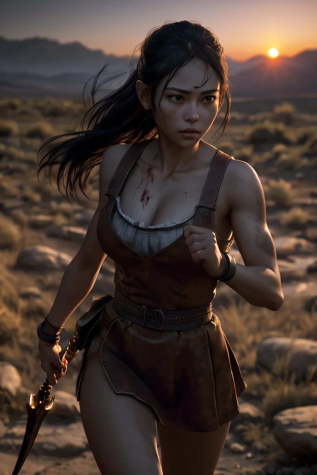 (masterpiece), (very complicated:1.3), (realistic), girl portrait, (dark fantasy, gore), (dynamic perspective), the most beautiful in the world, (waitress), outdoor, running fighting stance, dry river bed, Kure, Haifa, Stunning female professional photo details, sharp focus, dramatic, Award history, cinematic lighting, Octane Rendering Unreal Engine, volumetrics dtx, (film grain, blurred background, blurred foreground, Bokeh, Depth of the bounds written, sunset), holding sickle