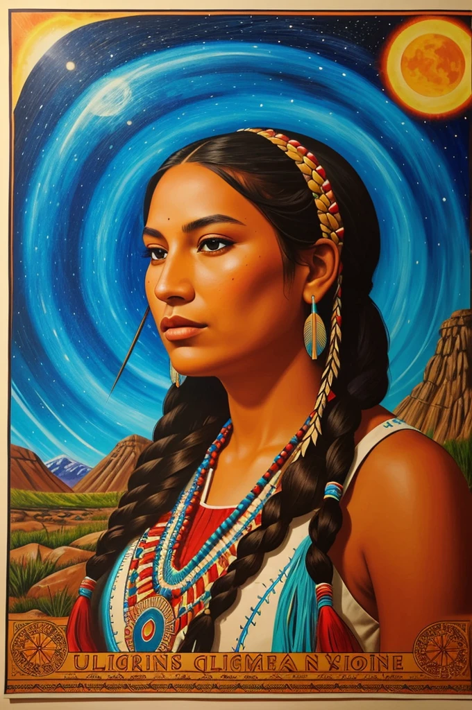 A captivating poster showcasing the indigenous knowledge connection to science and technology.
A Native American woman in her early thirties, solo, with long braids adorned with feathers, looking directly at the viewer. Her traditional clothing consists of a flowing dress made of natural fibers, adorned with intricate beadwork and symbols that represent her tribe. Her dark, expressive eyes convey wisdom and understanding.
Surrounding her, vibrant illustrations of indigenous inventions and scientific discoveries merge seamlessly with modern technology. These include a canoe propelled by a solar-powered motor, a wind turbine inspired by ancient wind chimes, and a satellite dish that util