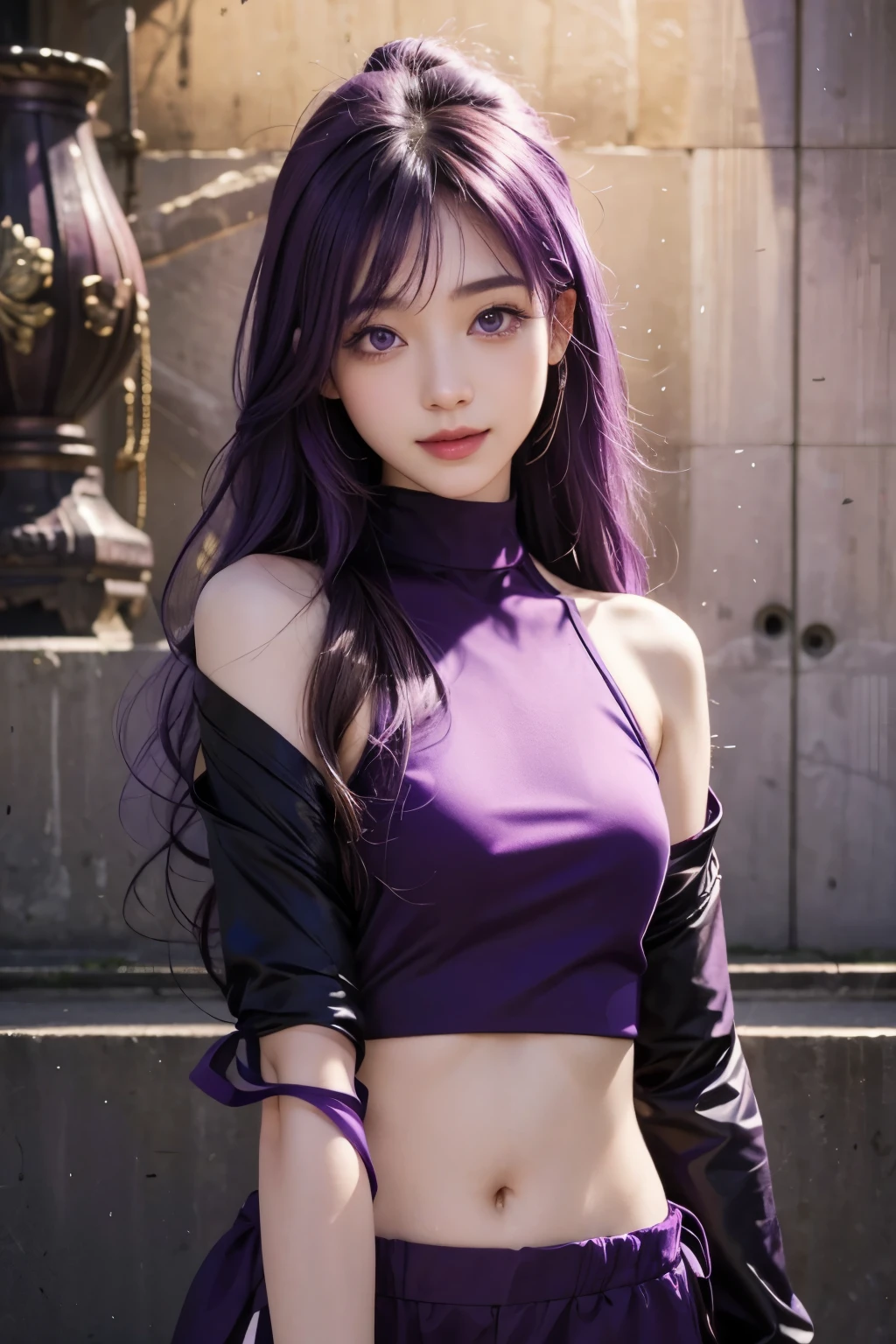 Sumire kakei,long hair, purple hair,( purple eyes 1.3 ) thin lips,pink lips,thin smile 