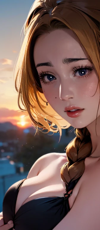 high definition symmetrical image, (deusa dos seios, (((rosto redondo))), olhos dimensionamento realista, (droopy eyes), seios pequenos, (desgaste descompactado), Mamilos, ((seios closeup)), Blonde braid, (Arte Nova), alphonse-mucha, ((rua europeia medieval)), (alegria sorrindo), (montanhas, sunset sky, nuvem cumulonimbus),