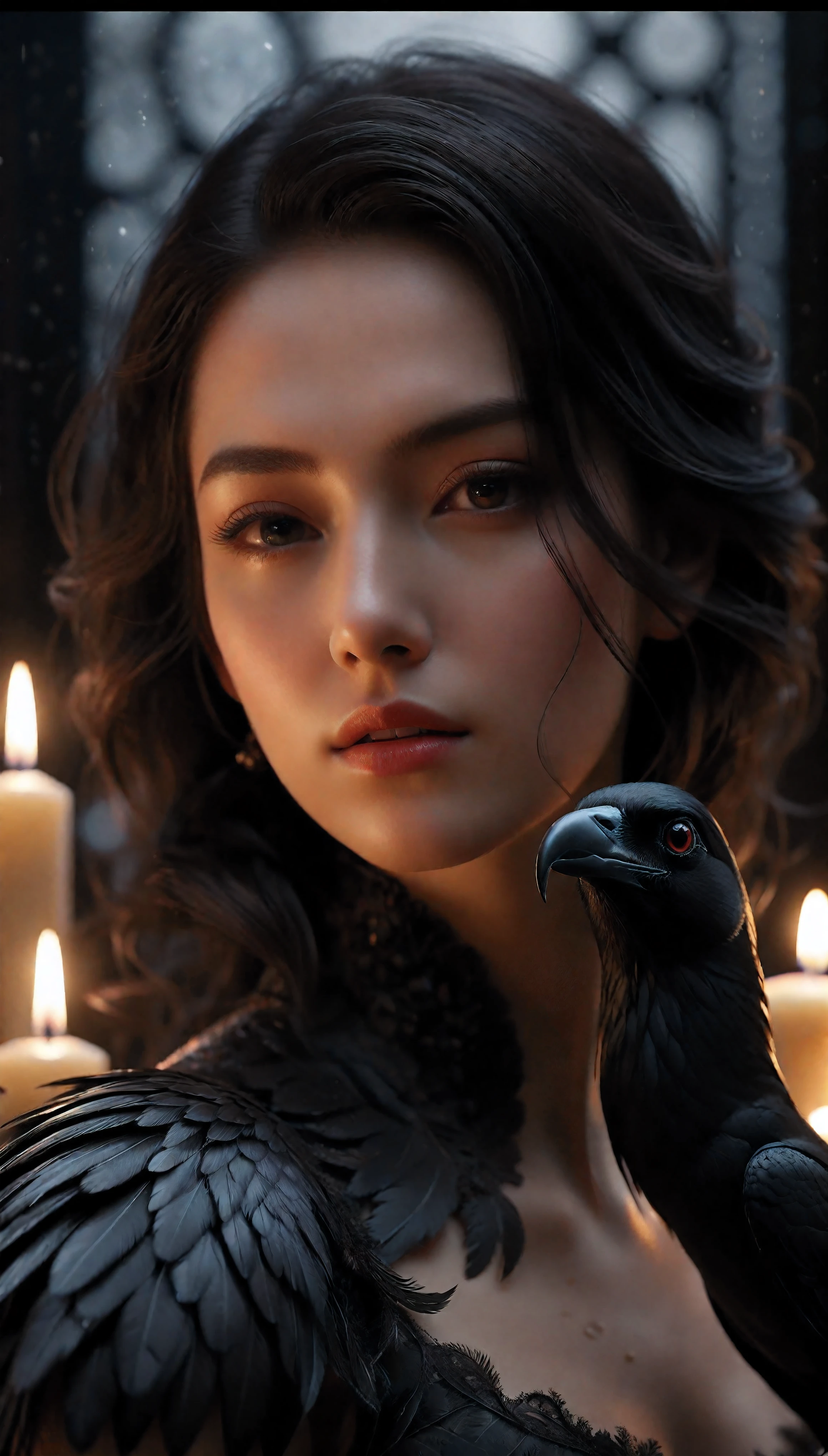((Masterpiece in maximum 16K resolution):1.6),((soft_color_photograpy:)1.5), ((Ultra-Detailed):1.4),((Movie-like still images and dynamic angles):1.3). | (Macro shot cinematic photo of beautiful Oracle's Crow), (Beautiful Oracle), (focus on the Oracle), (macro lens), (exotic antiques), (Dark Candles), (luminous object), (Mysterious atmosphere), (shimmer), (aesthetic Oracle accesories), (visual experience),(Realism), (Realistic),award-winning graphics, dark shot, film grain, extremely detailed, Digital Art, rtx, Unreal Engine, scene concept anti glare effect, All captured with sharp focus. | Rendered in ultra-high definition with UHD and retina quality, this masterpiece ensures anatomical correctness and textured skin with super detail. With a focus on high quality and accuracy, this award-winning portrayal captures every nuance in stunning 16k resolution, immersing viewers in its lifelike depiction. | ((perfect_composition, perfect_design, perfect_layout, perfect_detail, ultra_detailed)), ((enhance_all, fix_everything)), More Detail, Enhance.