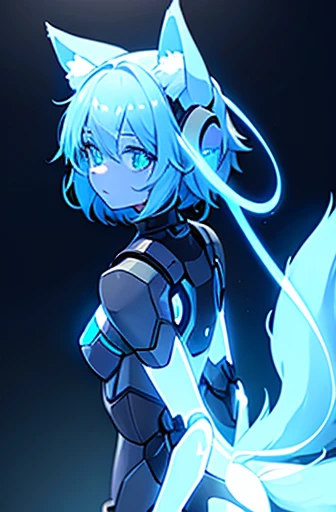 a robot with fox hologram ears and light blue hologram tail