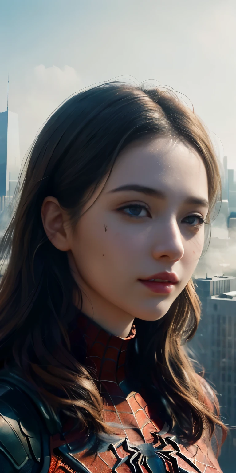 (1girl:1.3), Solo, (((Very detailed face)))), ((Very detailed eyes and face)))), Beautiful detail eyes, Body parts__, Official art, Unified 8k wallpaper, Super detailed, beautiful and beautiful, beautiful, masterpiece, best quality, original, masterpiece, super fine photo, best quality, super high resolution, realistic realism, sunlight, full body portrait, amazing beauty, dynamic pose, delicate face, vibrant eyes, (from the front), She wears Spider-Man suit, red and black color scheme, spider, very detailed city roof background, rooftop, overlooking the city, detailed face, detailed complex busy background, messy, gorgeous, milky white, highly detailed skin, realistic skin details, visible pores, clear focus, volumetric fog, 8k uhd, DSLR, high quality, film grain, fair skin, photo realism, lomography, futuristic dystopian megalopolis, translucent