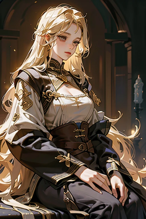 (best quality,adul, madure, concubina, 1 girl,very tall,elegant,long gold hair, black eyes,bohemian-style medieval clothing,fantasy medieval background,soft lighting,scholarly)