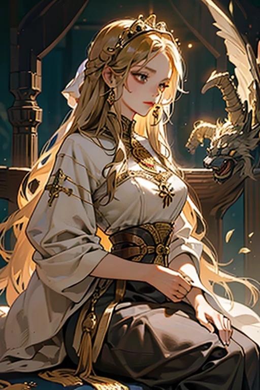 (best quality,adul, madure, concubina, 1 girl,very tall,elegant,long gold hair, black eyes,bohemian-style medieval clothing,fantasy medieval background,soft lighting,scholarly)