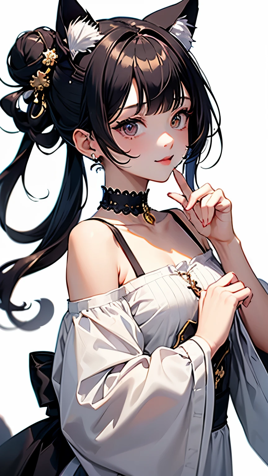 (highest quality, masterpiece, High resolution)、(anime art)、,cinematic light、soft light、1 girl、some girls、black hair、Black cat costume、White Cat Costume、Tabby cat costume、Striped cat costume、Persian Cat Costume、3-color cat costume、(loose t-shirt)、loose shirt、off shoulder、sexy mini dress、Cat ear、bob cut、semi-long、bun hair、hair ornaments、choker、Cute face details、enchanting smile、small breasts、whole body、(cat pose)、beckoning、playing、(Kissing each other'nose)、dance、busy、Cat jarashi、Crackers explode、 decoration、((white background))、