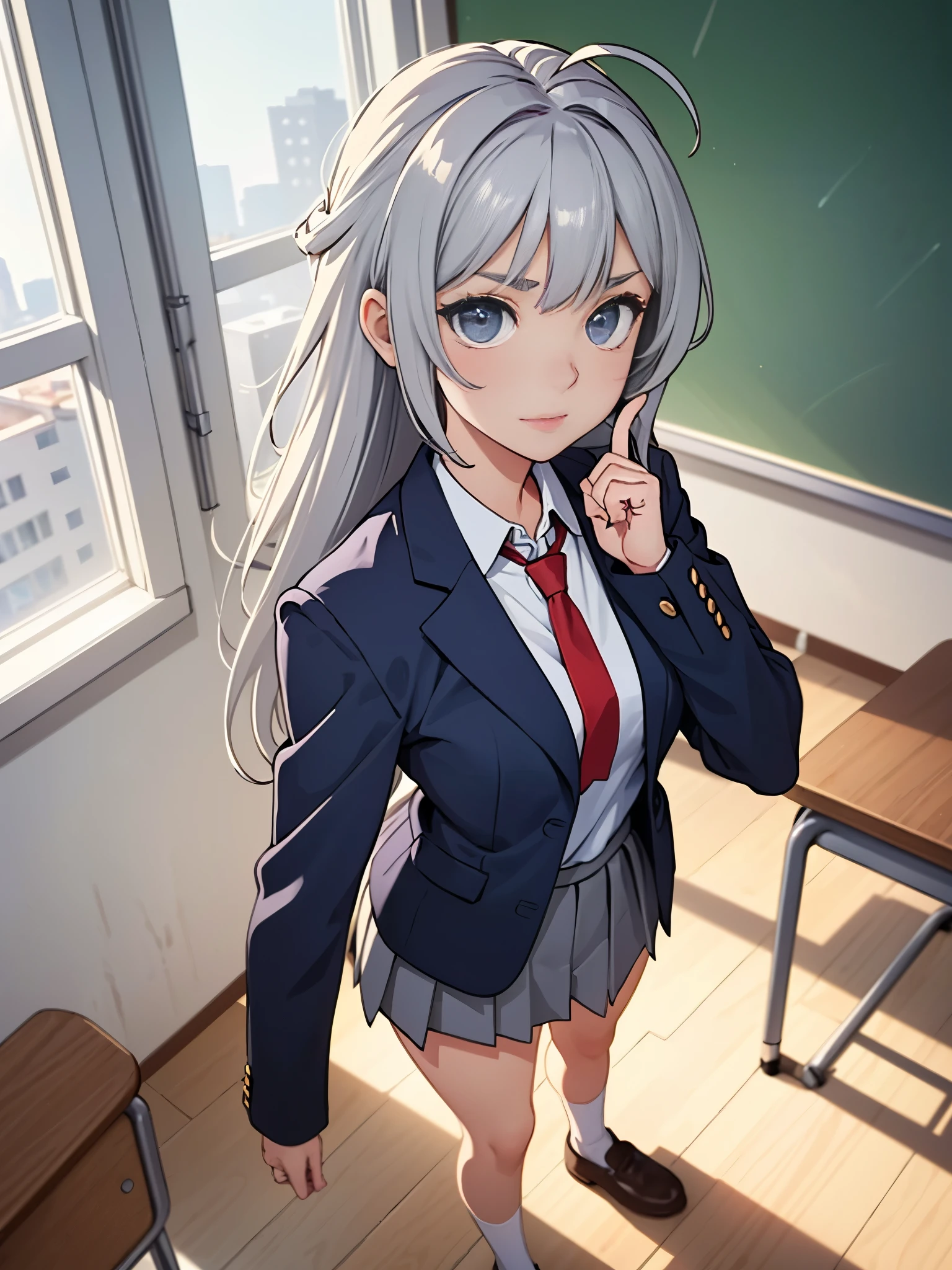 1girl, tall body, high school student, suit, dark blue suit jacket, white shirt, red ribbon necktie, grey pleated skirt, miniskirt, bare legs, white socks, brown shoes, light grey hair, hazel eyes, shoulder-length hair, bangs, ahoge, beautiful detailed eyes, beautiful detailed face, cute face, medium breasts, perfect hands, complete fingers, perfect anatomy, perfect proportions, age 18, solo, solo focus, standing, classroom backdrop, warm lighting