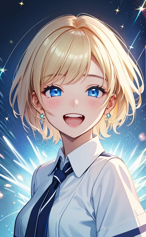 (masterpiece、top-quality、8k size wallpaper、offcial art)、(portrait,upper body:1.6)、(1girl),(very loud laugh,Open mouth:1.3),(half closed eyes),cute face,blue eyes、(short hair)、
,(stand),(Shining smile),(Sparkling:1.3),(Sparkling:1.3),(Sparkling:1.3),
,(slender),(school uniform),(long fluorescence blonde hair1.3), (small breasts)、
、fluorescence、classroom,JK、