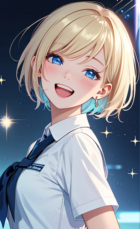 (masterpiece、top-quality、8k size wallpaper、offcial art)、(portrait,upper body:1.6)、(1girl),(very loud laugh,Open mouth:1.3),(half closed eyes),cute face,blue eyes、(short hair)、
,(stand),(Shining smile),(Sparkling:1.3),(Sparkling:1.3),(Sparkling:1.3),
,(slender),(school uniform),(long fluorescence blonde hair1.3), (small breasts)、
、fluorescence、classroom,JK、