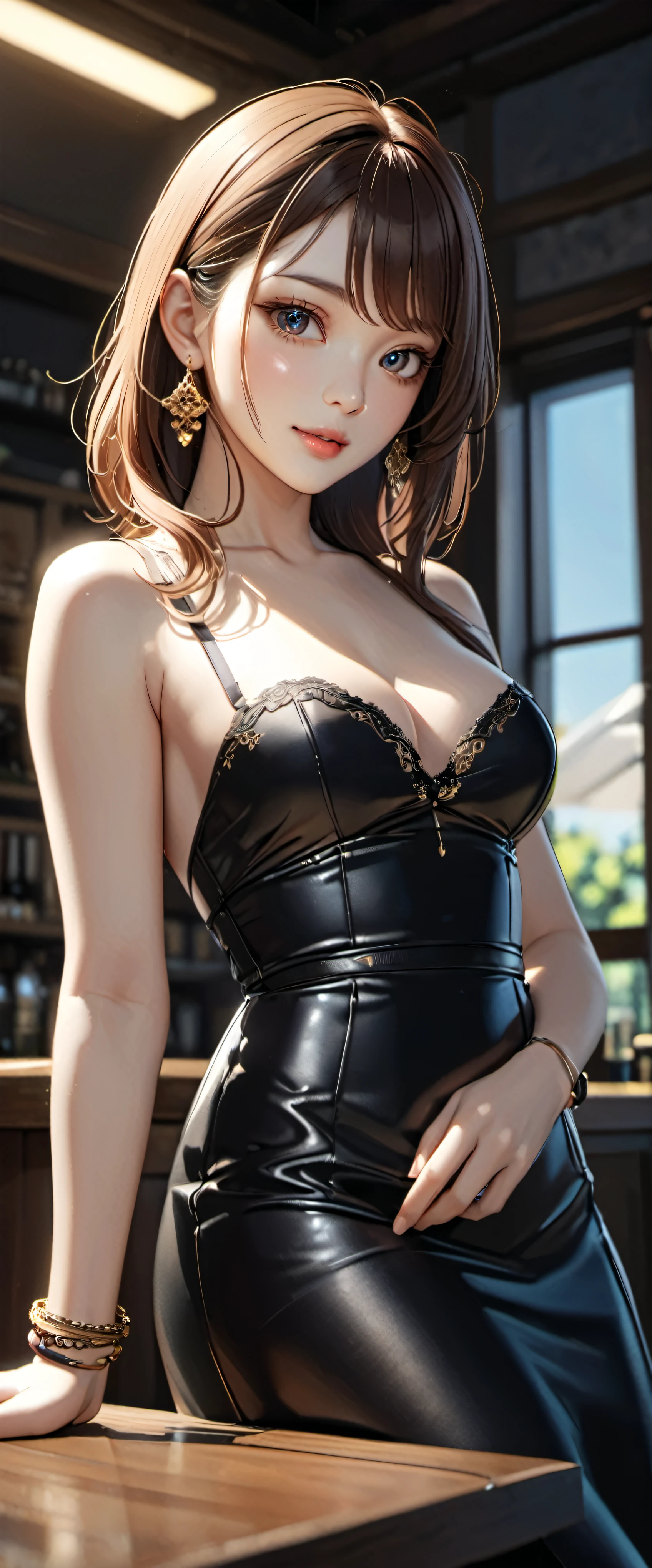 8K, table top, Raw photo, highest quality, realistic, Highly detailed CG Unity 8K wallpaper, Depth of the bounds written, cinematic light, Lens flare, ray tracing, (very beautiful face, beautiful lips, beautiful eyes), face with intricate details, ((highly detailed skin)) 1 girl, in the dark, deep shadow, cute korean girl, K-POPアイドル, 1 girl, (very slim and slender fit muscular body:1.3), ((looking at the viewer)),(big smile:1.3),  (blurred background),(no people in the background:1.3), beautiful earrings, bracelet,  clear eyes, walk, (pale skin), (Big eyes), look forward, (brown hair), (full body shot), , ((black high waist skirt)), , (looking at the viewer:1.3) open chest, very slim, medium breasts, focusing, front of eyebrows, thick thighs((white shirt:1.3)), (double breasted,under bust:1.2), short sleeve, button gap,frameless glasses,corset belt,beautiful ponytail,