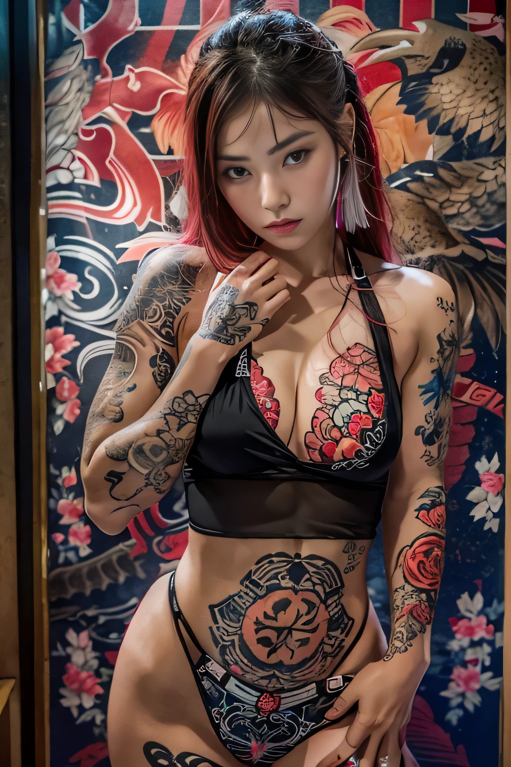 RAW image quality, Japanese, , Girl and Horihada, Yakuza, japanese mafia, Background of Tokyo Red Light District, realistic, Photoreal, masterpiece, highest quality, Movie photo of a Japan cartel gang with tattoos, spectacular lighting, japanese Yakuza tattoo, Japanese art, Japanese culture, sexy, exotic, erotic, micro bikini,