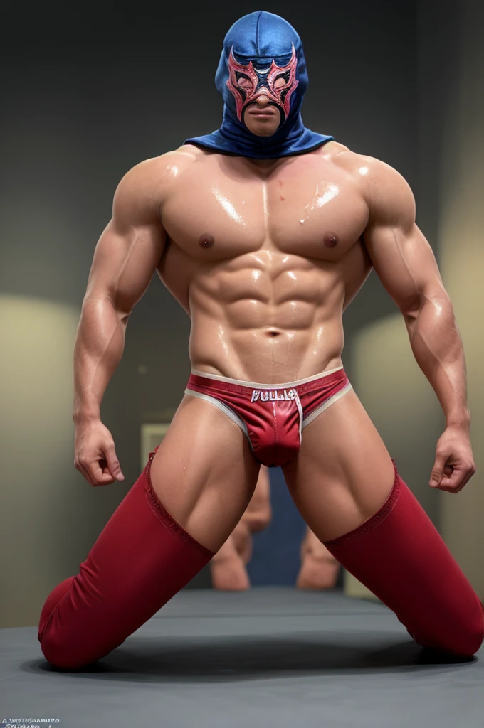 Solo, 1boy, men only, sexy, sensual, Shimapan, mega muscle, hyper muscle, masculine appearance, young male, handsome, Beautiful muscles, complex and elegant, highly detailed digital painting, anime style art, art station, concept art, top quality, masterpiece, ultra high definition, detailed background, realistic figure, muscular man, muscle, volumetric lighting, depth of field, smooth and sharp focus, illustration, art, string bite, muscles, navel, muscles, male, gay, hyper muscles, male focus, muscles male, yaoi, muscles, buttocks, pectoral muscles, large pectoral muscles, thick quadriceps, thighs, wet body, heat and steam emanating from the body, sweating, drenched, huge crotch, big back, showing ass:1.6 , upper class, kit conner, tanned skin, cute pose, submission pose, pretty, lovely, submission, intoxication, ecstasy, favorable, mellow, captive, mesmerizing expression,big , drooping eyes, looking viewer, sexy pose, super angle, dynamic pose and angle, pose: legs apart on all fours:1.6 , (tight red thong with bulge:1.6):1.6 blue trainers, (lucha Libre):2, (wrestling mask):1.8 , (face hood):1.6 thong lines