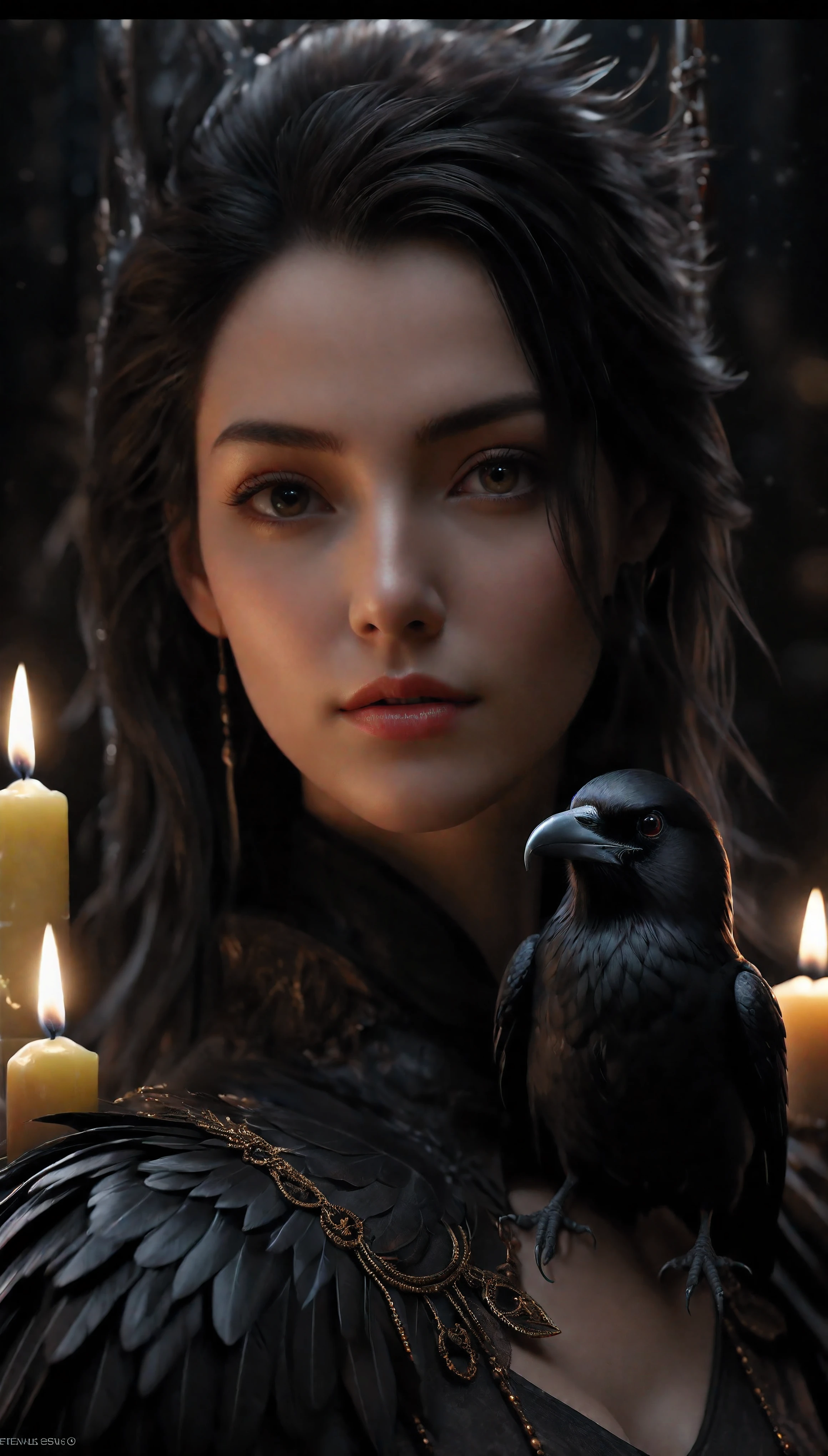 ((Masterpiece in maximum 16K resolution):1.6),((soft_color_photograpy:)1.5), ((Ultra-Detailed):1.4),((Movie-like still images and dynamic angles):1.3). | (Macro shot cinematic photo of beautiful Oracle's Crow), (Beautiful Oracle), (focus on the Oracle), (macro lens), (exotic antiques), (Dark Candles), (luminous object), (Mysterious atmosphere), (shimmer), (aesthetic Oracle accesories), (visual experience),(Realism), (Realistic),award-winning graphics, dark shot, film grain, extremely detailed, Digital Art, rtx, Unreal Engine, scene concept anti glare effect, All captured with sharp focus. | Rendered in ultra-high definition with UHD and retina quality, this masterpiece ensures anatomical correctness and textured skin with super detail. With a focus on high quality and accuracy, this award-winning portrayal captures every nuance in stunning 16k resolution, immersing viewers in its lifelike depiction. | ((perfect_composition, perfect_design, perfect_layout, perfect_detail, ultra_detailed)), ((enhance_all, fix_everything)), More Detail, Enhance.