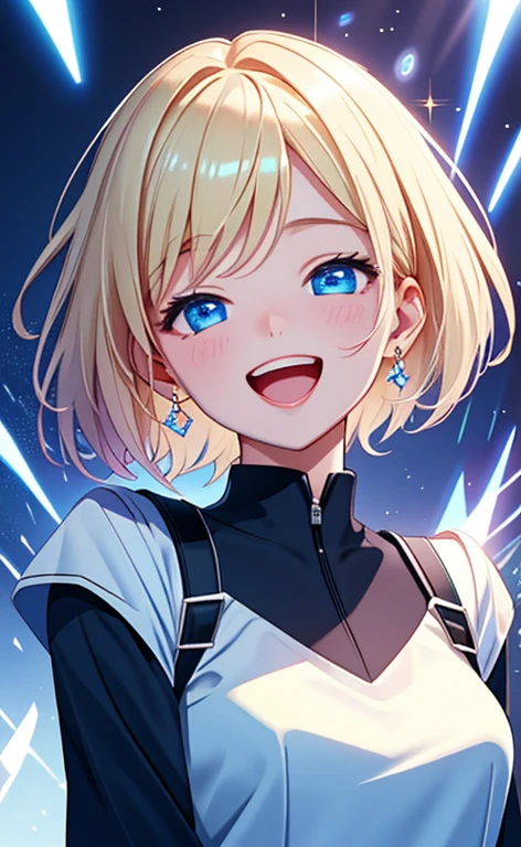 (masterpiece、top-quality、8k size wallpaper、offcial art)、(portrait,upper body:1.6)、(1girl),(very loud laugh,Open mouth:1.3),(half closed eyes),cute face,blue eyes、(short hair)、
,(stand),(Shining smile),(Sparkling:1.3),(Sparkling:1.3),(Sparkling:1.3),
,(slender),(school uniform),(long fluorescence blonde hair1.3), (small breasts)、
、fluorescence、classroom,JK、