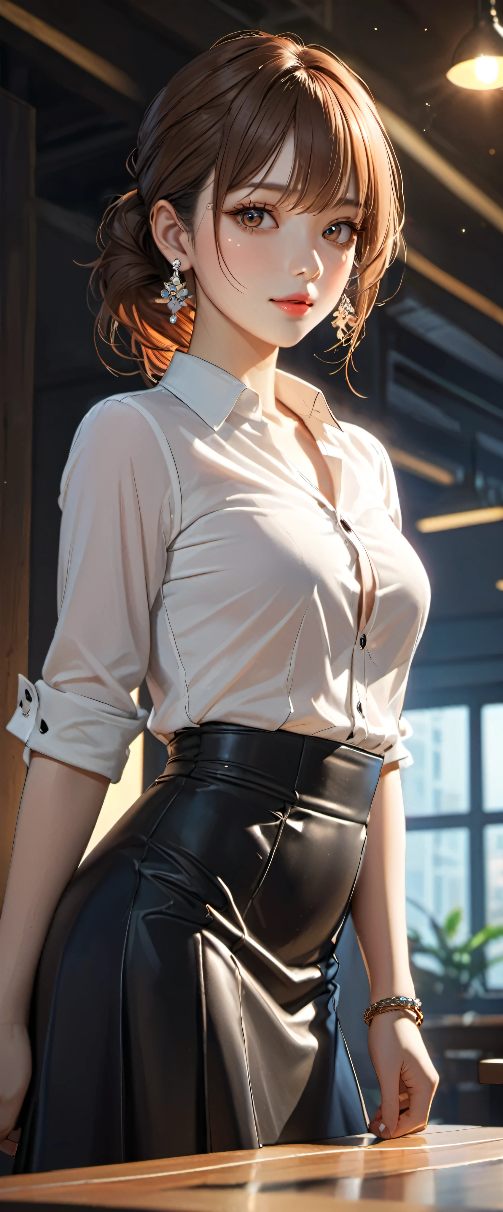 8K, table top, Raw photo, highest quality, realistic, Highly detailed CG Unity 8K wallpaper, Depth of the bounds written, cinematic light, Lens flare, ray tracing, (very beautiful face, beautiful lips, beautiful eyes), face with intricate details, ((highly detailed skin)) 1 girl, in the dark, deep shadow, cute korean girl, K-POPアイドル, 1 girl, (very slim and slender fit muscular body:1.3), ((looking at the viewer)),(big smile:1.3),  (blurred background),(no people in the background:1.3), beautiful earrings, bracelet,  clear eyes, walk, (pale skin), (Big eyes), look forward, (brown hair), (full body shot), , ((black high waist skirt)), , (looking at the viewer:1.3) open chest, very slim, medium breasts, focusing, front of eyebrows, thick thighs((white shirt:1.3)), (double breasted,under bust:1.2), short sleeve, button gap,frameless glasses,corset belt,beautiful ponytail,