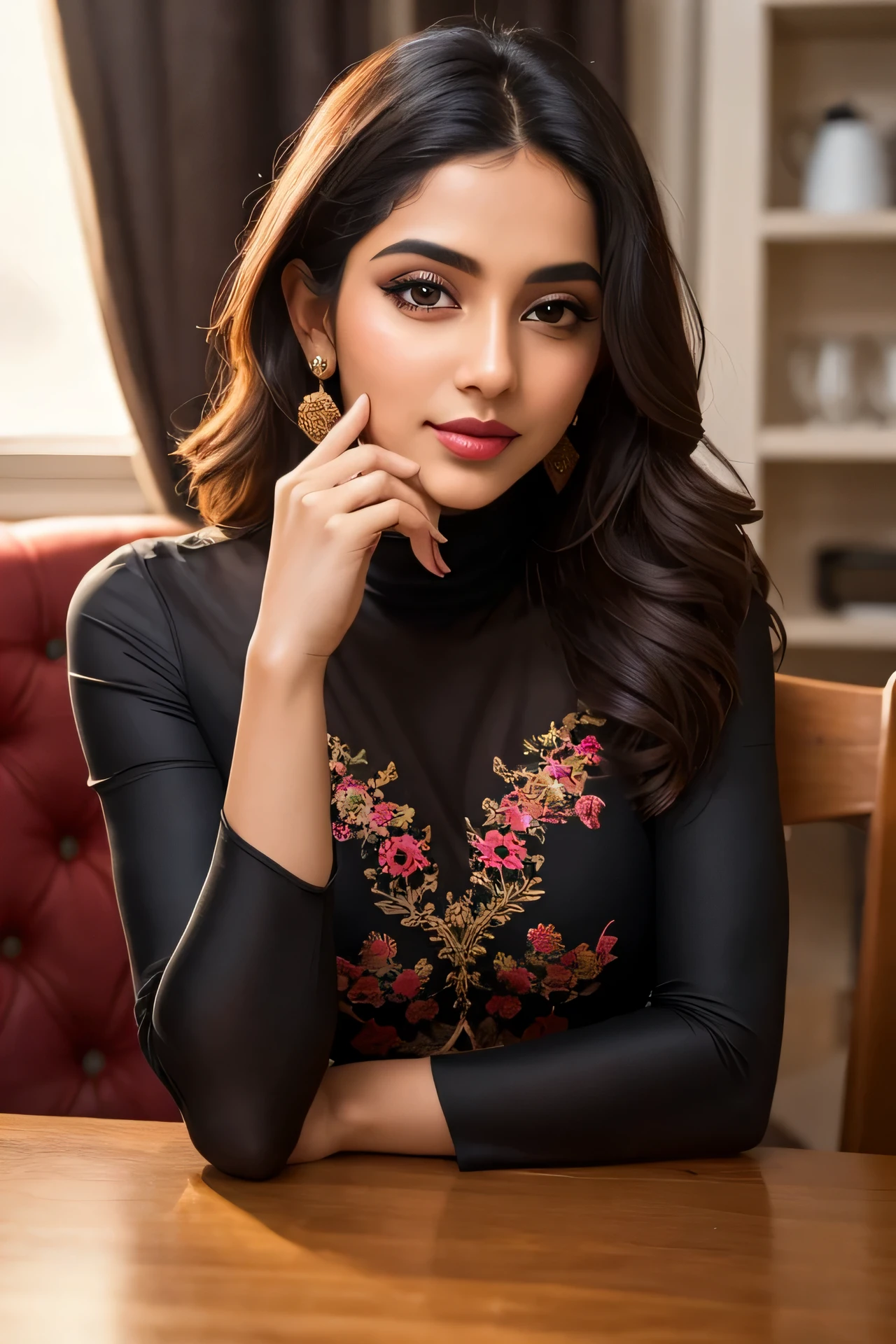 a woman sitting at a table with her hand on her chin, a picture by Ambreen Butt, instagram, tachisme, pretty, lovely, beautiful, fashionable clothes, divine proportion, detailed face and features, godess, perfect figure, depth of field.
Front facing, gaze into the camera.