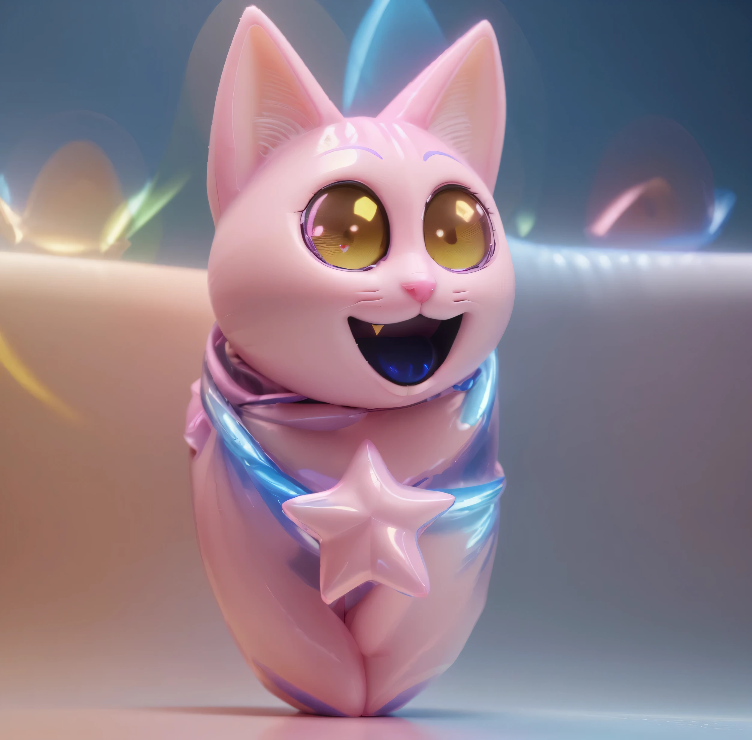 pink cat with a yellow star on a blue background, pink cat, beeple and jeremiah ketner, adorable digital painting, 3 d icon for mobile game, 3 d littlest pet shop cat, cat cat dreamcats, cat from the void, normal map, cute detailed digital art, cats cat dreamcats, cat. digital painting, cute 3 d render, multiple light sources, rim light, sharp post effects render, (glossy plastic texture with multiple big light probe refractions), perfect cgi, cgi art created only with gradients, smooth silhouette, high intensity refraction, (plastic material), most beautiful vfx, blue background, plastic refractions. It in 4k resolution, allowing viewers to immerse themselves in the richness of the colors and intricate details. The realistic rendering. under the spotlight, reflecting, high-resolution image, realistic rendering, dark background, and rim light photorealistic