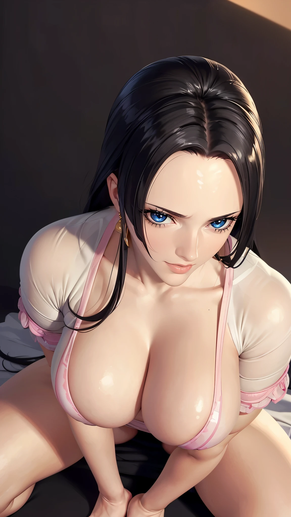 （（（完美figure，figure，cheongsam （（（boa hancock，Dark long hair, combed with a chiffon hairstyle, slightly wide forehead smooth and flat, deep blue eyes, slender and delicate corners of the eyes, almond eyes exuding a hint of coldness, nose bridge high and straight, nose small and delicate, lips soft without any wrinkles. Wearing a pair of snake shaped golden earrings under the ears）））((masterpiece)),high resolution, ((Best quality at best))，masterpiece，quality，Best quality，（（（ Exquisite facial features，looking at the audience,There is light in the eyes，Happy，lol））），型figure:1.7））），（（（Interlacing of light and shadow，huge boobs））），（（（looking into camera，black background，(Crouching in front of the audience), with legs slightly open, squat in front of the audience, (Crouching in front of the audience), (Facing upwards, (looking from above: 1.2), semen, penis face, how, viewpoint, (sticking out tongue, opening mouth), closing~eyes))）））