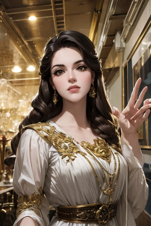 Arte inspirada no estilo de Hiroaki Samura,Uma foto de corpo inteiro da Princesa Zelda, Cabelo castanho, olhos azuis, vestido como um Assassino de Assassins Creed, em branco+gold with white mask and hood with golden details, Busto XL, using a wrist blade. Backstory: A city during the Renaissance period. Motor irreal 5, anime, estilo anime, parte mestre, olhos bem desenhados, rosto bem desenhado, olhos bem detalhados, rosto bem detalhado, 8k, Efeito de Luz e Sombra,uma princesa elfa de cabelos louros.