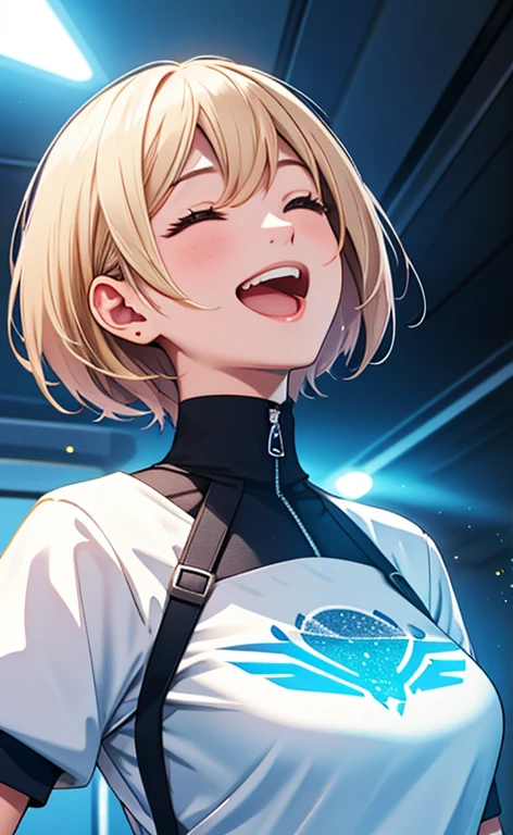 (realistic、masterpiece、top-quality、8k size wallpaper、offcial art)、(portrait,upper body:1.6)、(1girl),(very loud laugh,Open mouth:1.3),(half closed eyes),cute face,blue eyes、(short hair)、
,(stand),(Shining smile),(Sparkling:1.3),(Sparkling:1.3),(Sparkling:1.3),
,(slender),(school uniform),(long fluorescence blonde hair1.3), (small breasts)、
、fluorescence、classroom,JK、