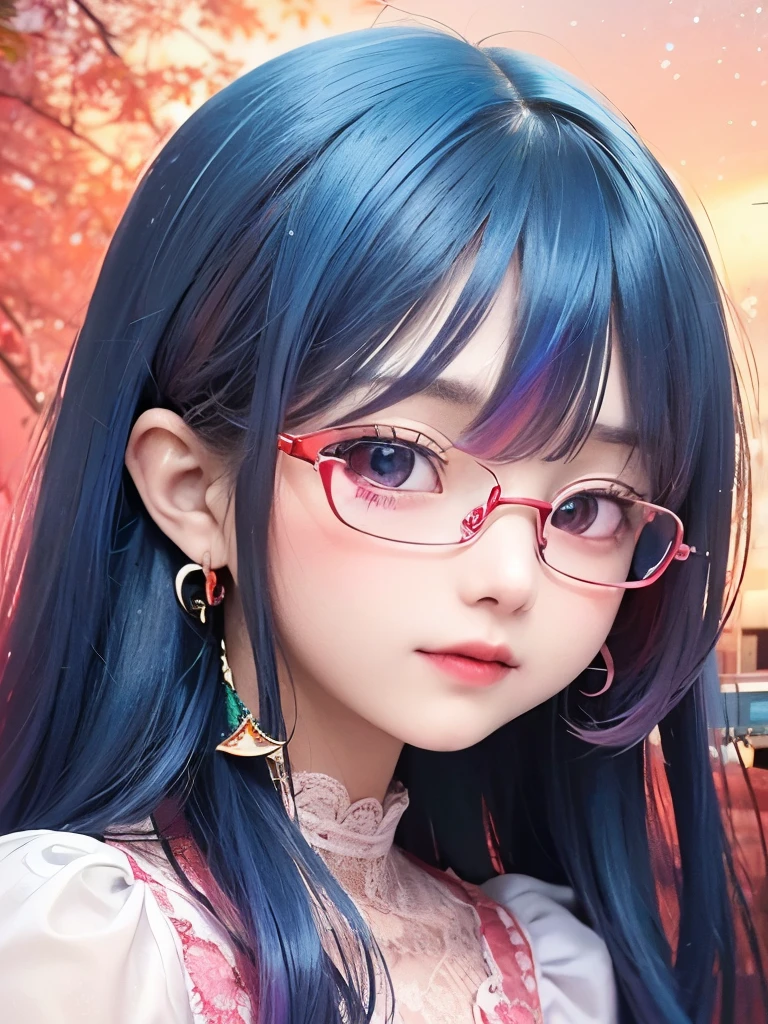 small face、 )Super detailed,bright colors, very beautiful detailed anime face and eyes, look straight, shiny_skin,girl, (((rainbow colored hair, colorful hair, Half blue、half red hair: 1.2))), 、shiny hair, delicate beautiful face, blush、Glasses、(turquoise eyes), , Valletta, earrings,、((flower garden、sunset、luxury hotel))、((Light red、translucent、short sleeve、Floral、lace blouse))、(twin tails)、(smile、happy face、face dyed red)、cheerful pose、dynamic、Upper body、