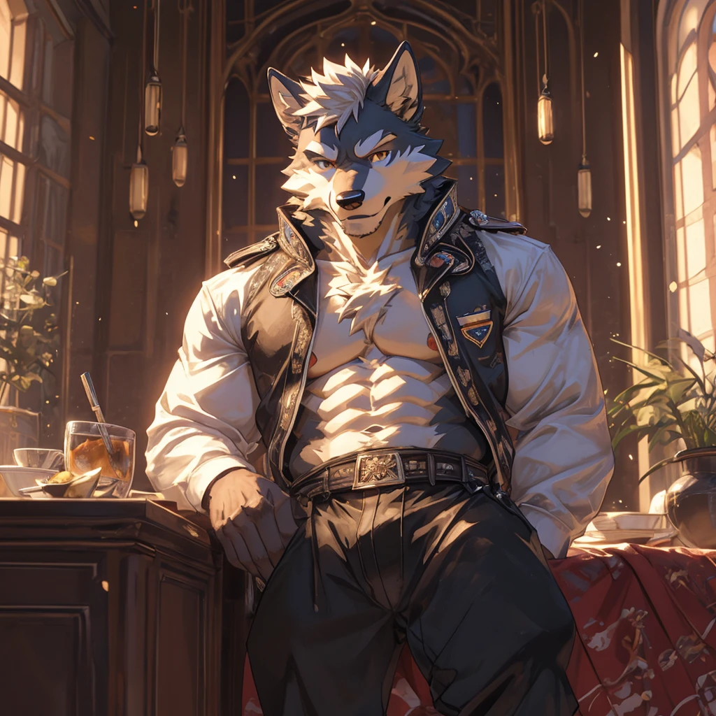 Single, lion head, lion tail, male, muscular, sexy, light gray ears, light gray hair, fur on arms, fur on legs, fur all over, black socks, Face viewer, sitting on the ground,
