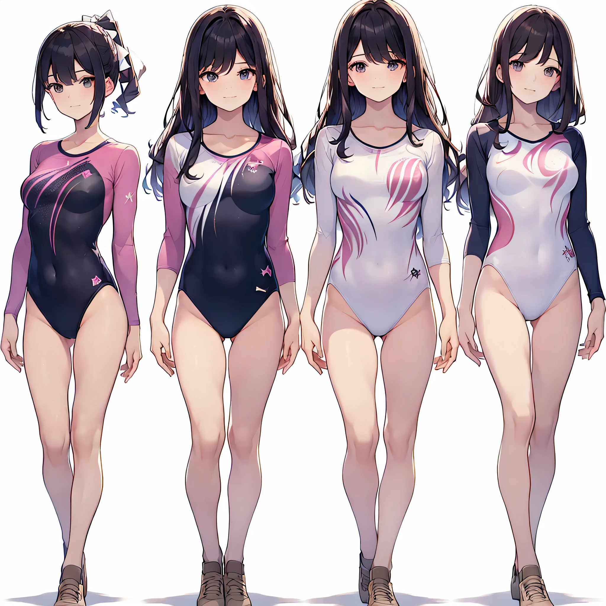 ((full body)),(masterpiece, best quality), (2 girls1.5) ,((Contrapposto:1.5)), looking at viewer, walking,((v_arms:1.2)), （wearing gymnastics_longsleeves_leotard_outfit leotard:1.3),(simple leotard:1.3),(pink leotard) ,,{{wearing gym suit:1.3 }}, BREAK masterpiece black hair, ((long hair:1.2)), ((parted bangs:1.3)), black eyes, good hand, ((small breasts)), (over 20 years old, under 25 years old:1.2), , spotlight, happy, smile, BREAK white background