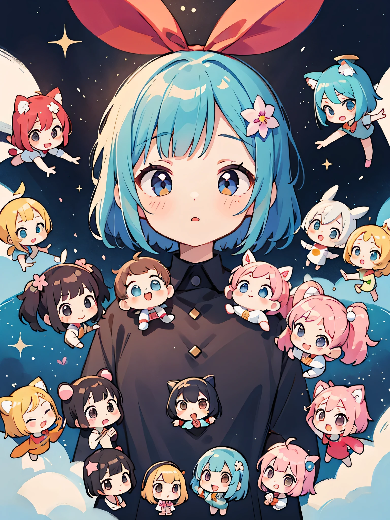 Momoko Sakura style, Kawaii Design, (((10 people)))、most beautiful girl ever、Chibi, Colorful bob hair、((Lots of friends))、universe