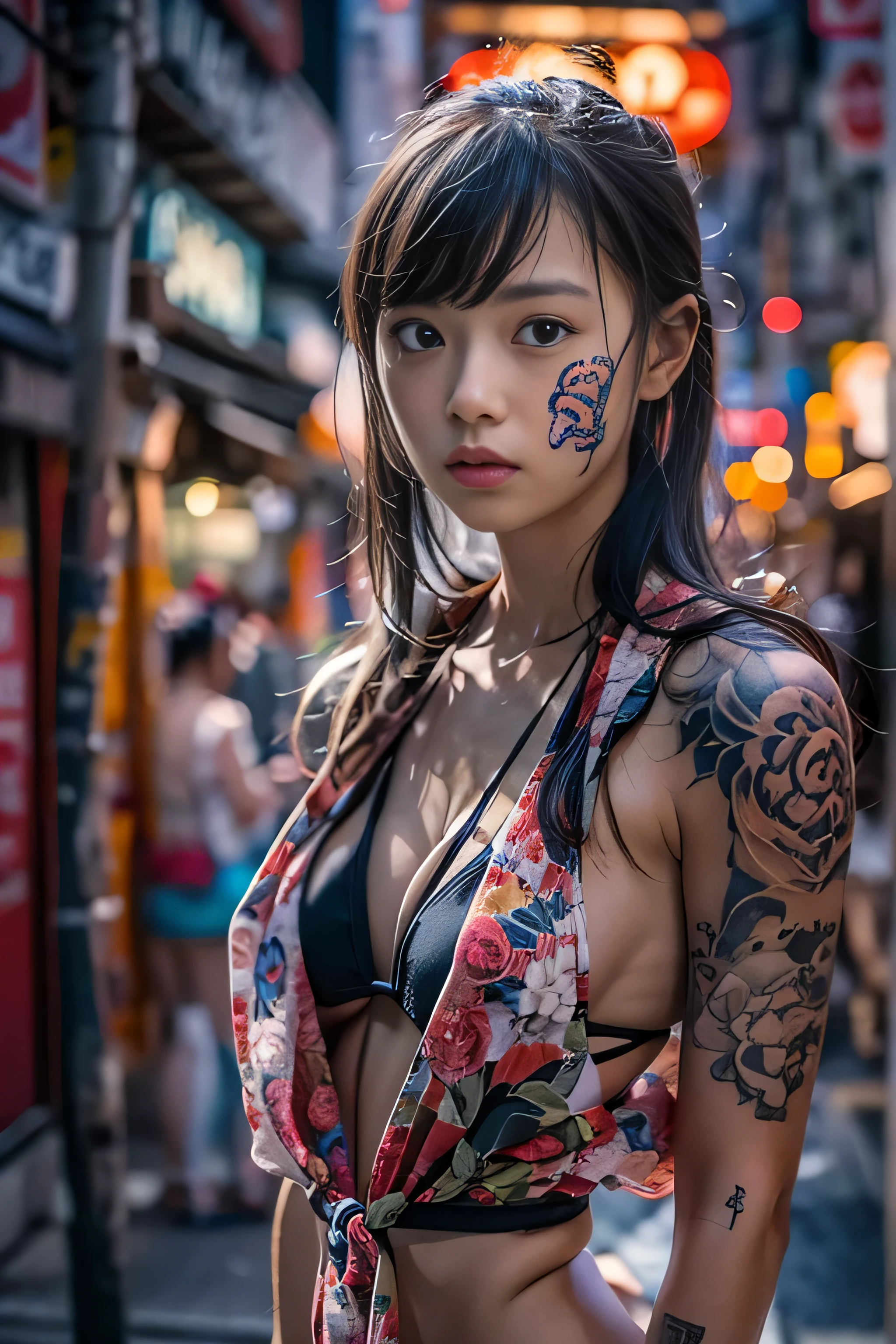 RAW image quality, Japanese, , embarrassed expression, be frightened, Girl and Horihada, Yakuza, japanese mafia, Background of Tokyo Red Light District, realistic, Photoreal, masterpiece, highest quality, Movie photo of a Japan cartel gang with tattoos, spectacular lighting, japanese Yakuza tattoo, Japanese art, Japanese culture, sexy, exotic, erotic, micro bikini,